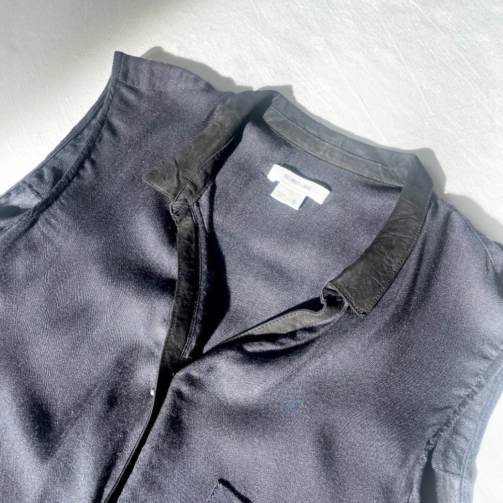 Helmut Lang Sleeveless Barbell Closure Leather Collared Sheer Top sz s